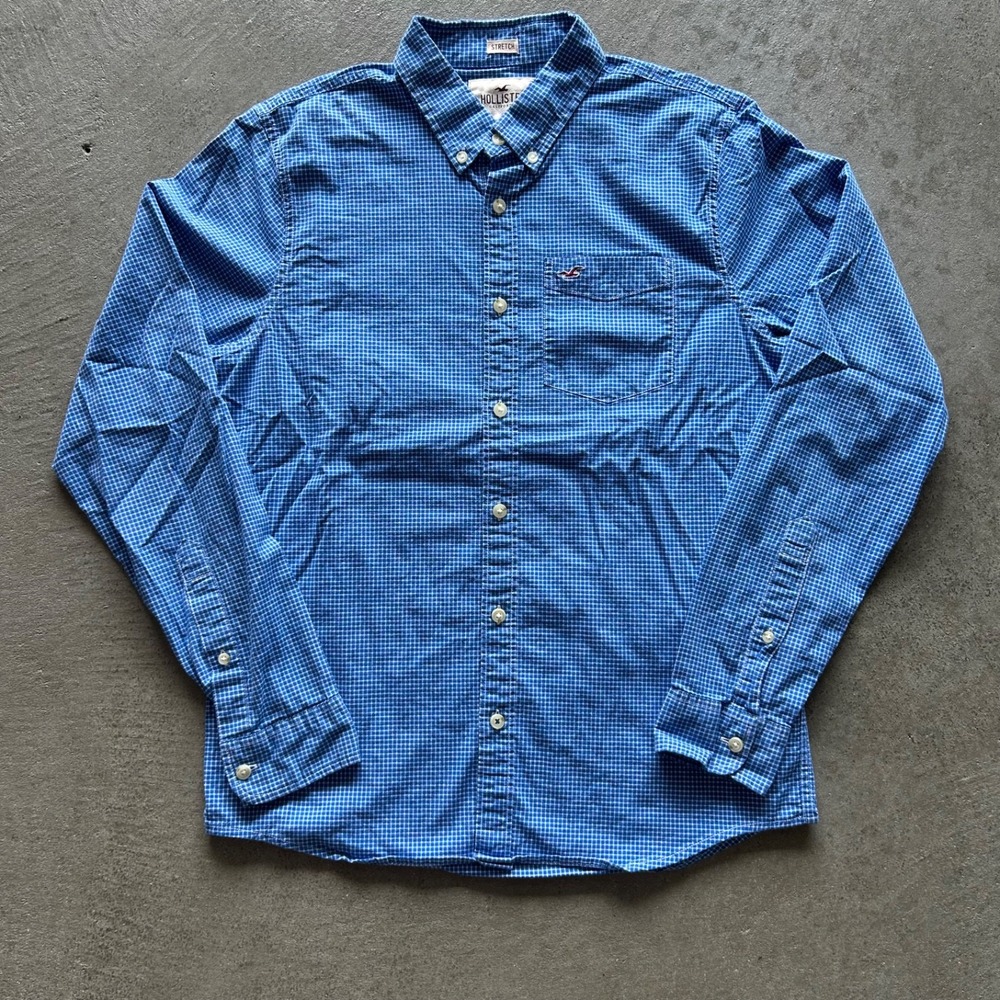 Hollister Shirt Size Large Blue White Micro Check Gingham Stretch Button Down